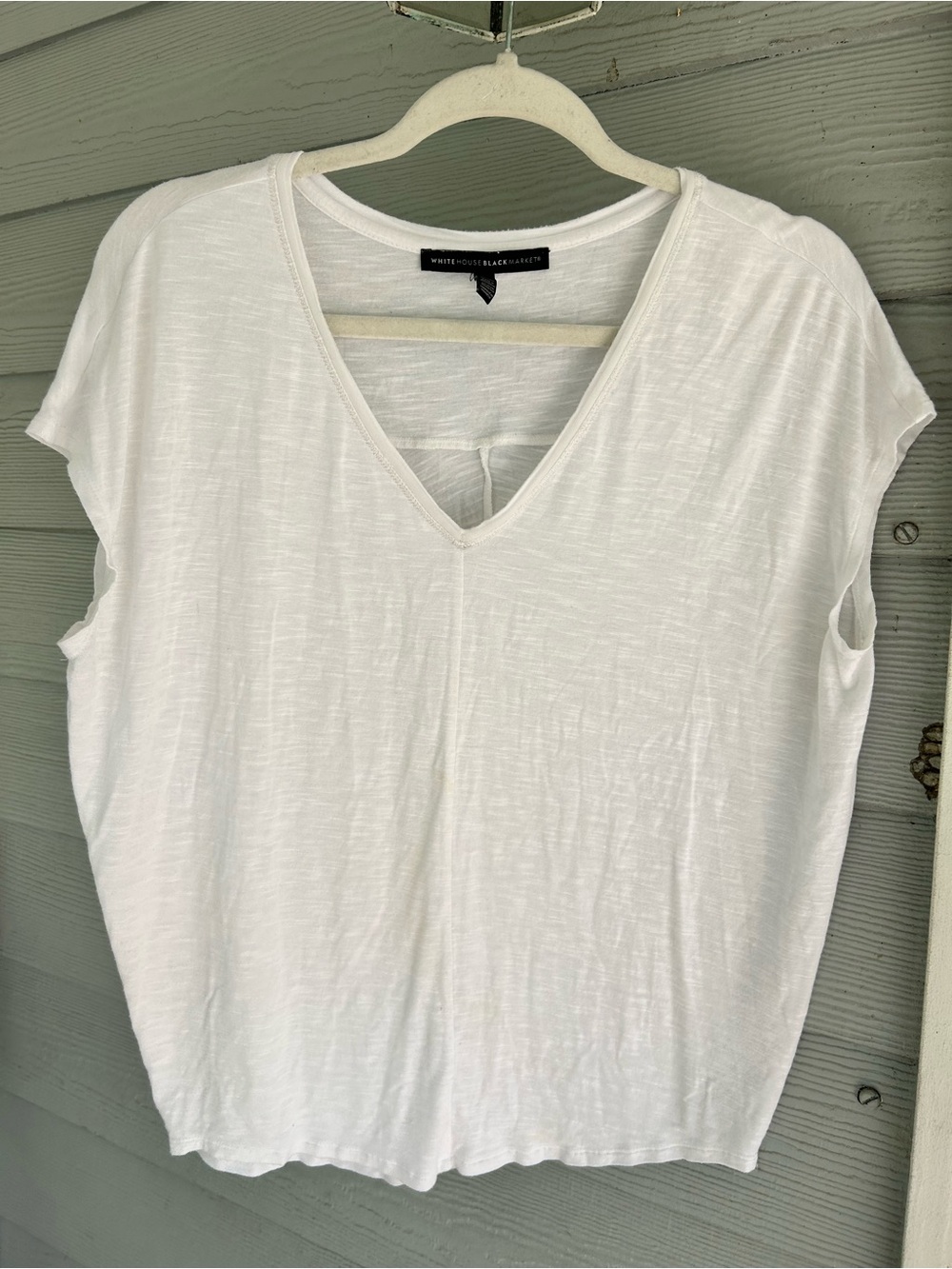 White House Black Market White V-Neck Knit Cap Sleeve T-Shirt Top S Relaxed